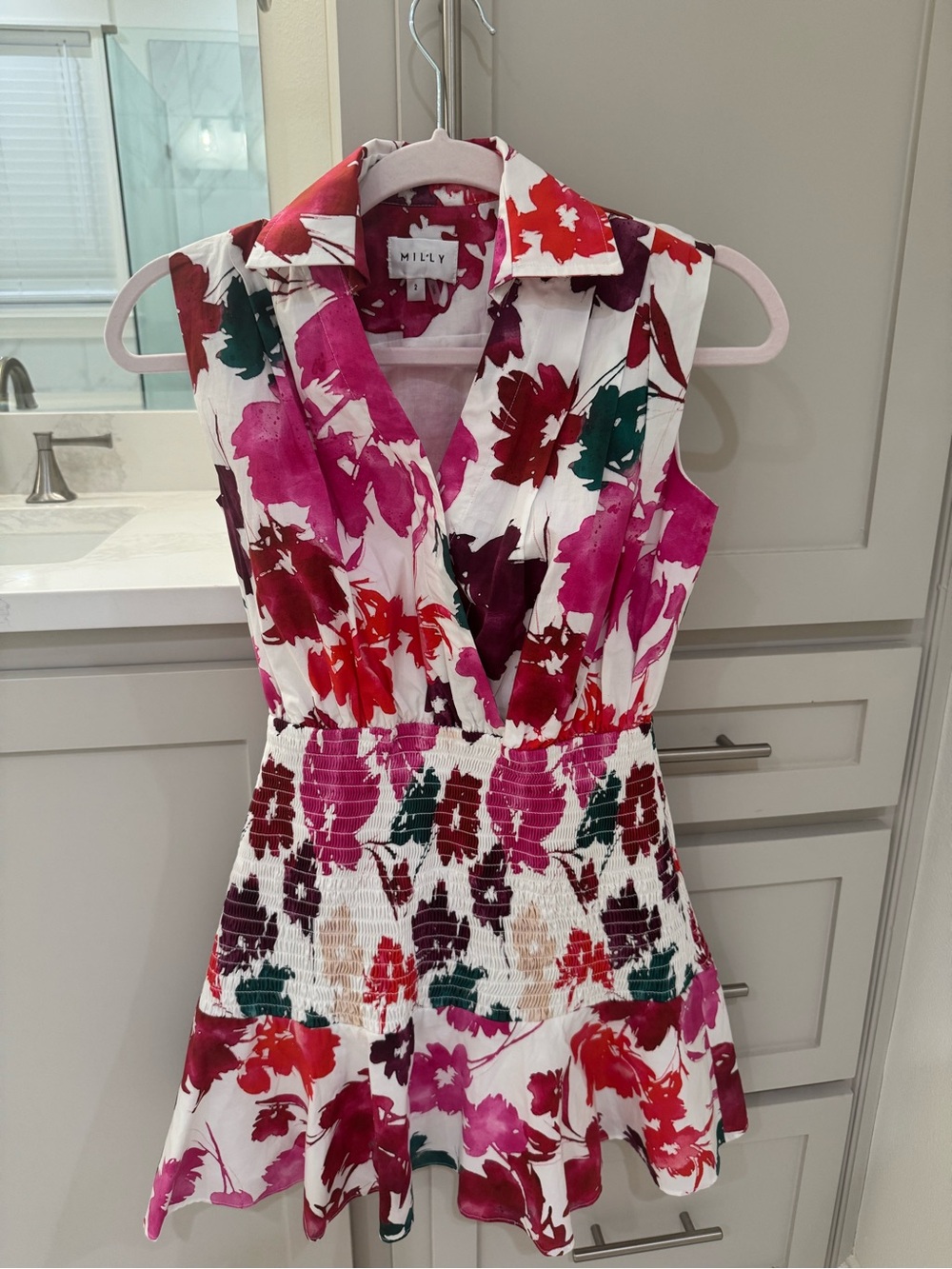 Milly White Mini Dress with Pink, Red & Green Floral Print